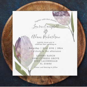 Elegant Floral Protea Purple Wedding Invitation