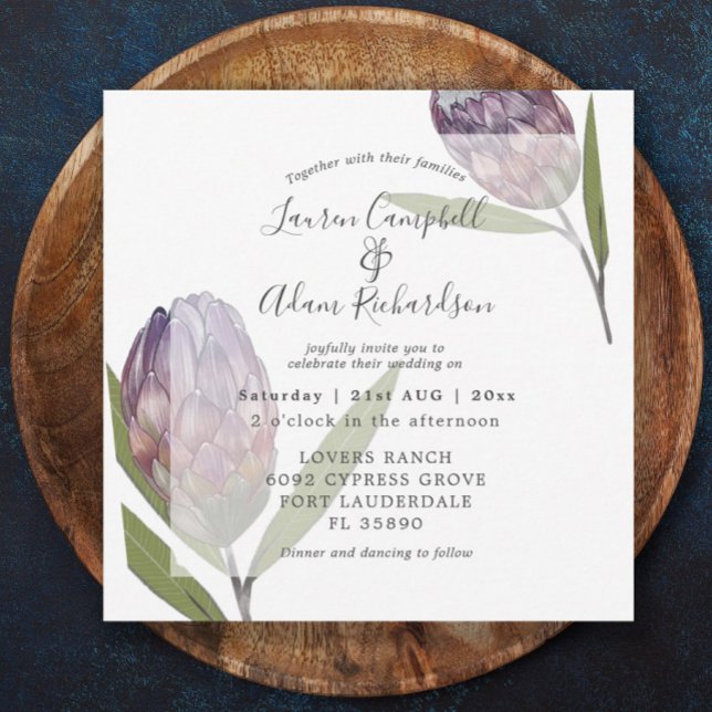 Elegant Floral Protea Purple Wedding Invitation (Creator Uploaded)