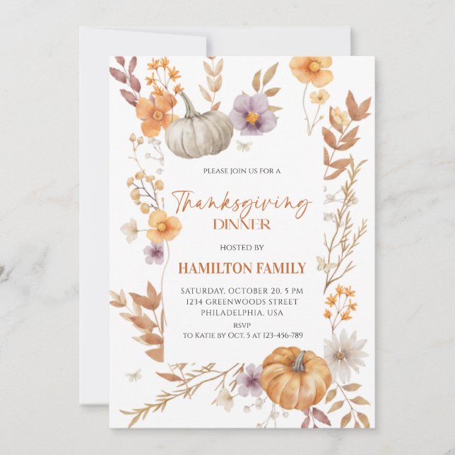 Elegant Floral Pumpkin Thanksgiving Dinner  Invitation (Front)
