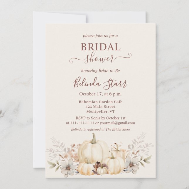 Elegant Floral Pumpkins Fall  Bridal Shower Invitation (Front)