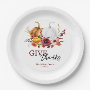 Elegant floral pumpkins give thanks paper plate