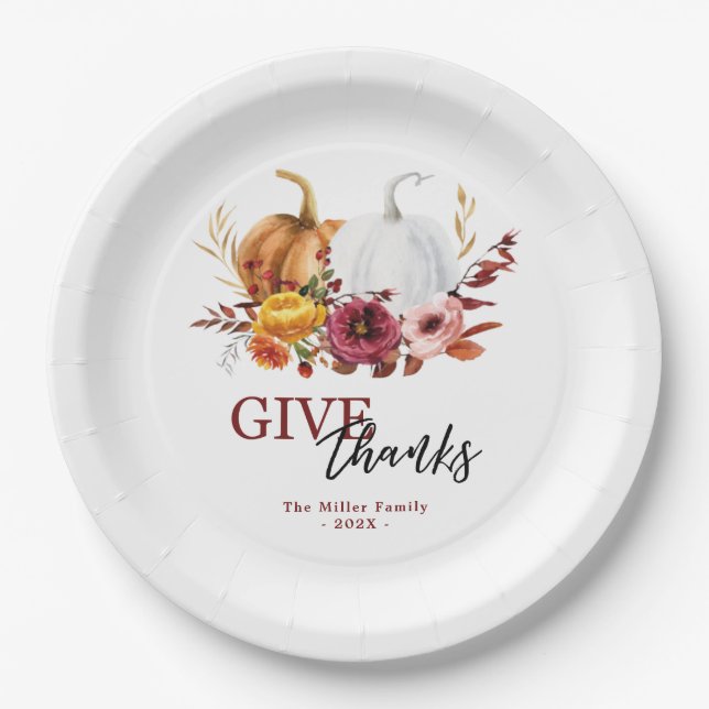 Elegant floral pumpkins give thanks paper plate (Front)
