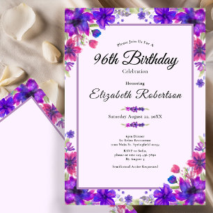 Elegant Floral Purple 96th Birthday  Invitation
