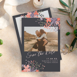 Elegant floral purple blue 2 photos save the date