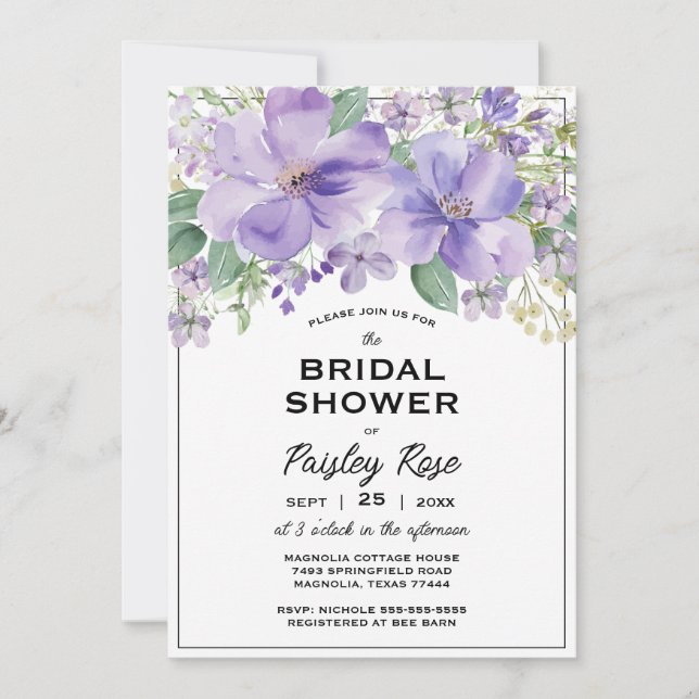 Elegant Floral Purple Bridal Shower Invitation (Front)