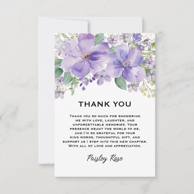 Elegant Floral Purple Bridal Shower Thank You Card (Front)