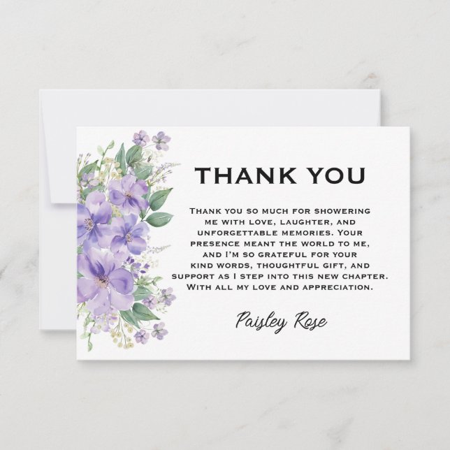 Elegant Floral Purple Bridal Shower Thank You Card (Front)