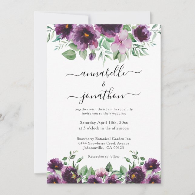 Elegant Floral Purple Green Wedding Invitation (Front)