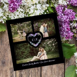 Elegant Floral Purple Heart 3 Photos Engagement Save The Date
