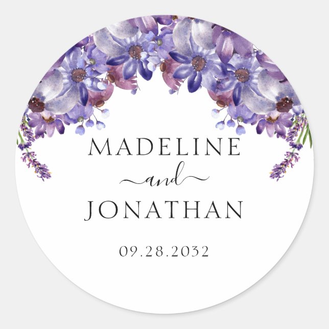 Elegant Floral Purple Lavender Peonies Wedding Classic Round Sticker (Front)