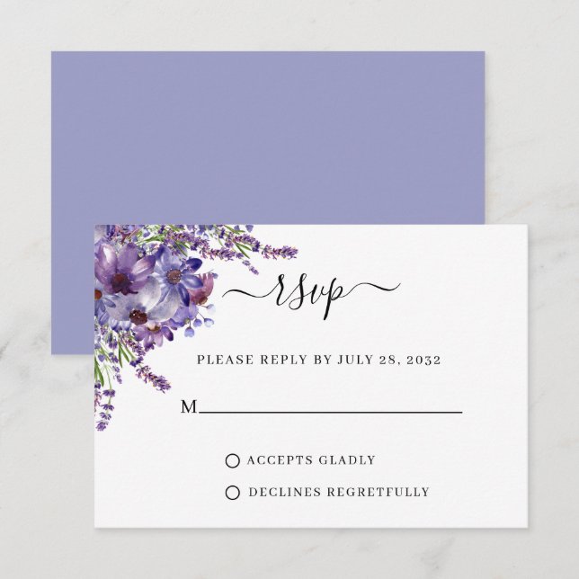 Elegant Floral Purple Lavender Peonies Wedding RSVP Card (Front/Back)