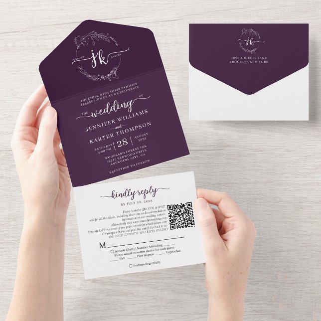 Elegant Floral Purple Monogram QR Code Wedding All In One Invitation (Creator Uploaded)