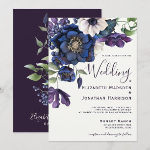 Elegant Floral Purple Navy Watercolor Invitation