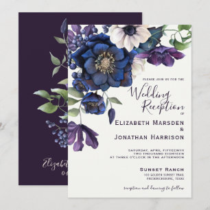 Elegant Floral Purple Navy Wedding Reception Invitation