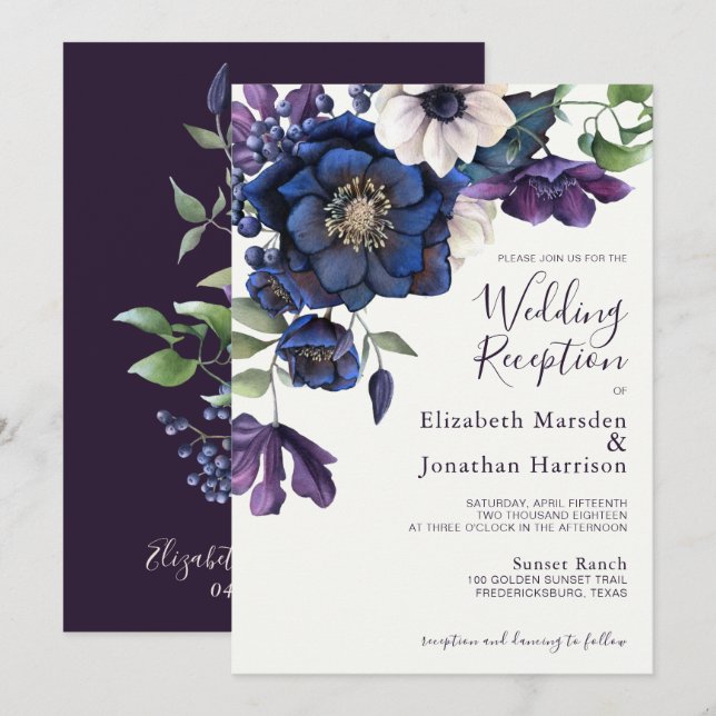 Elegant Floral Purple Navy Wedding Reception Invitation (Front/Back)