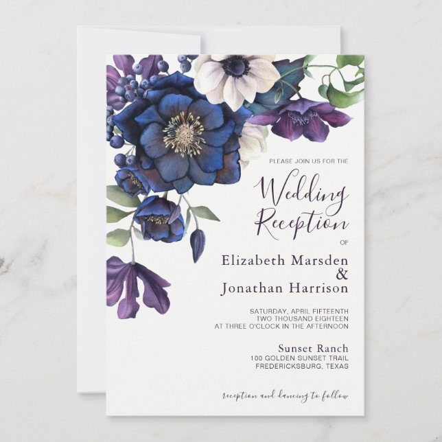 Elegant Floral Purple Navy Wedding Reception Invitation (Front)