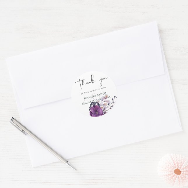 Elegant Floral Purple Orange Wedding Classic Round Sticker (Envelope)