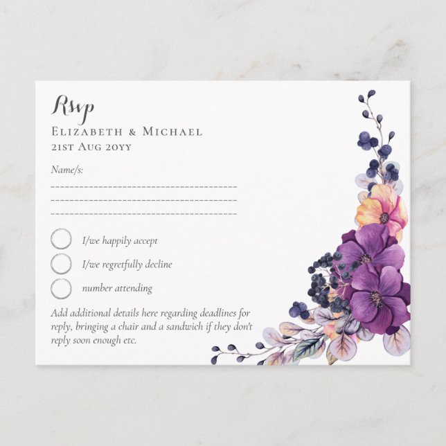 Elegant Floral Purple Orange Wedding Postcard (Front)