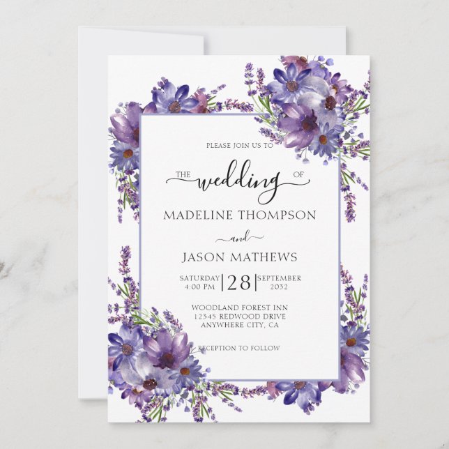 Elegant Floral Purple Peonies Monogram Wedding Inv Invitation (Front)