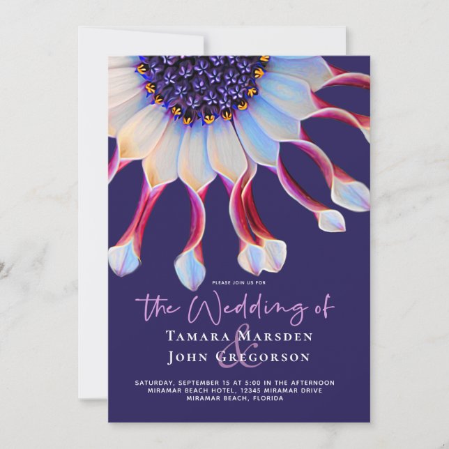 Elegant Floral Purple & Pink African Daisy Wedding Invitation (Front)