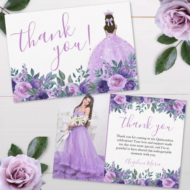 Elegant Floral Purple Quinceañera Photo Thank You Card (Elegant Floral Purple Quinceañera Photo Thank You Card)