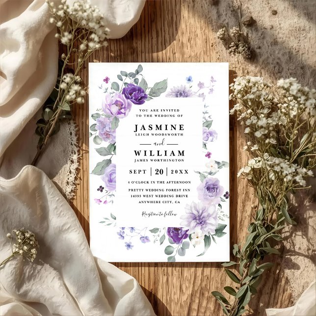 Elegant Floral Purple Rustic QR Code Wedding Invitation (Creator Uploaded)