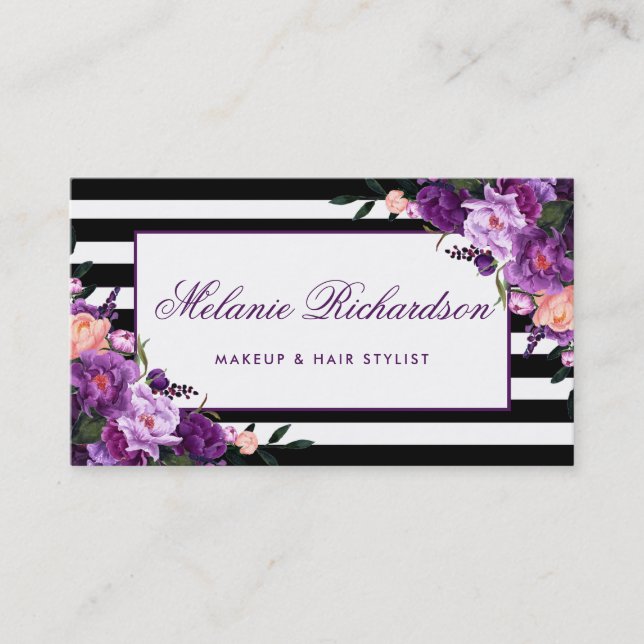 Elegant Floral Purple Ultra Violet Striped Business Card (Front)