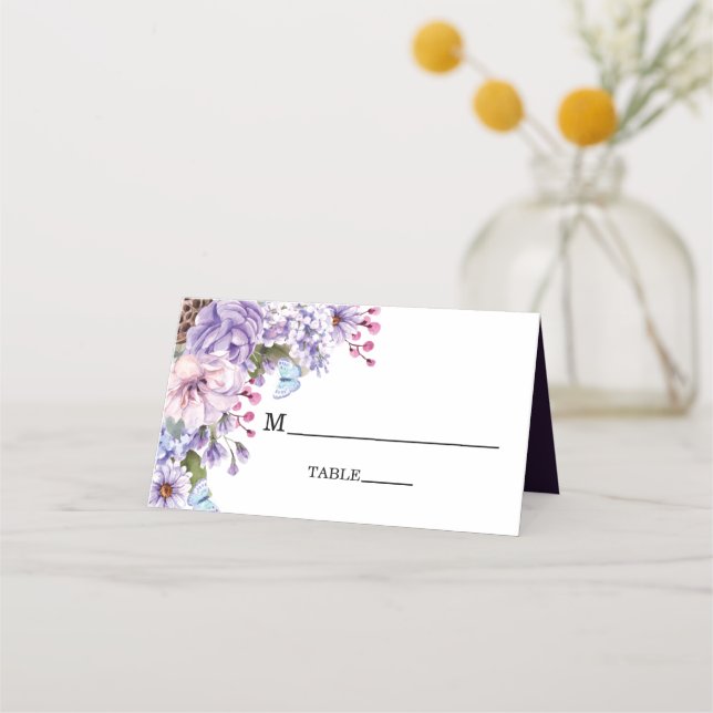 Elegant Floral Purple Watercolor Wedding Place Card (Front)