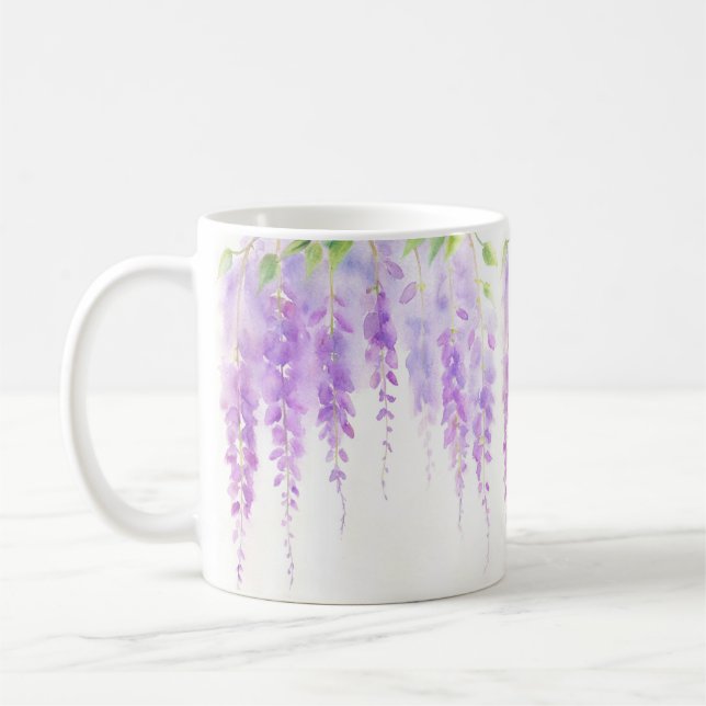 Elegant Floral Purple Wisteria Flowers Watercolor Coffee Mug (Left)
