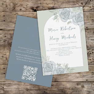 Elegant Floral QR Code Blue Green Greenery  Invitation