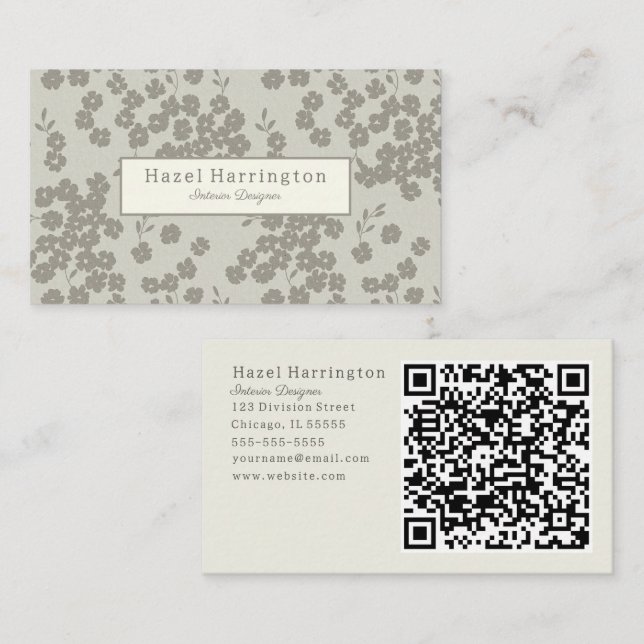 Elegant Floral QR Code Business Cards Neutral (Front/Back)