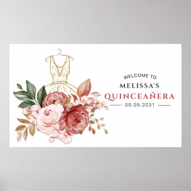 Elegant Floral Quinceanera 15th Birthday Poster (Front)