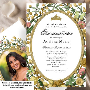 Elegant Floral Quinceanera Invitation Yellow Gold
