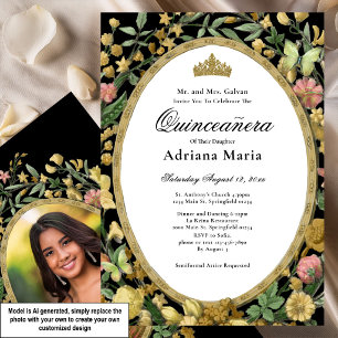 Elegant Floral Quinceanera Invitation Yellow Gold