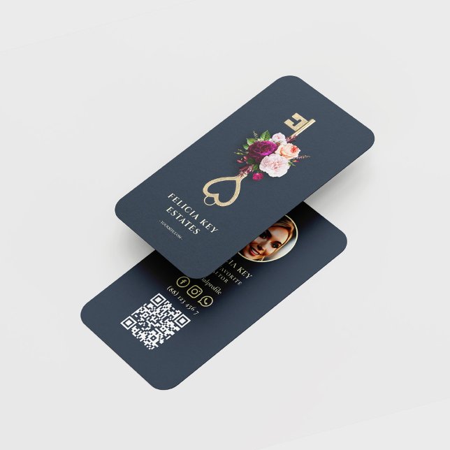Elegant Floral Real Estate Agent Realtor Dark Blue Business Card (Creator Uploaded)