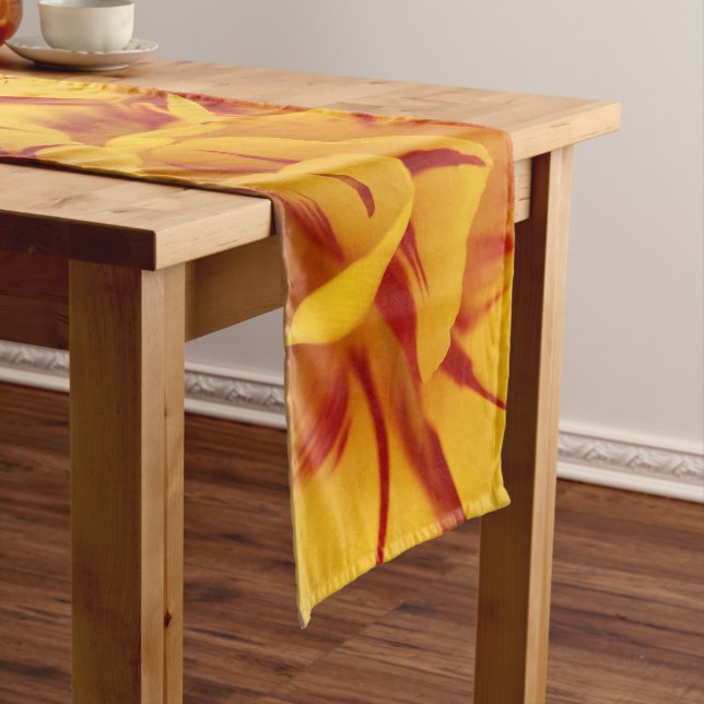 Elegant Floral Red and Gold Monsella Tulips Short Table Runner (In Situ)