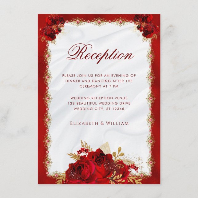  Elegant Floral Red and Gold Wedding Reception Enclosure Card (Front)