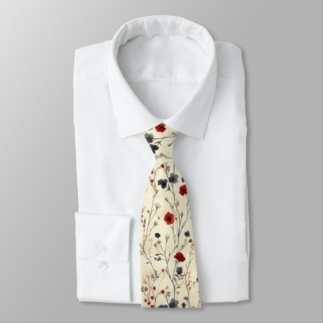 Elegant Floral Red and Navy Flower Stems Tie (Tied)