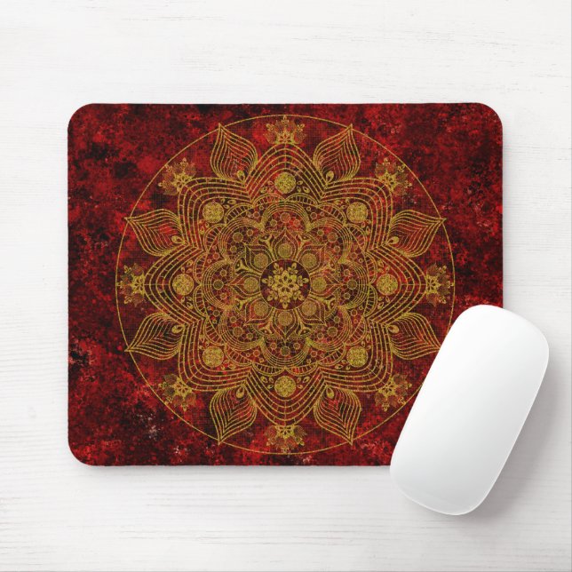 Elegant Floral Red, Black & Gold Mandala  Mouse Mat (With Mouse)