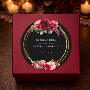 Elegant floral red black moody Romantic wedding Classic Round Sticker