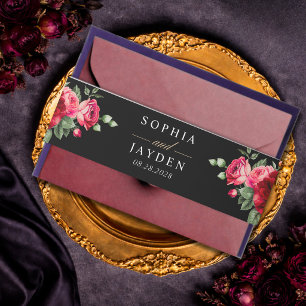 Elegant floral red black moody Romantic wedding Invitation Belly Band