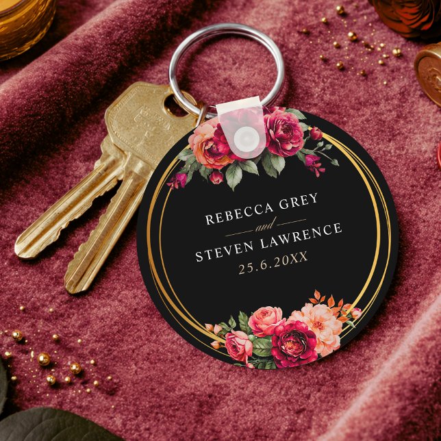 Elegant floral red black moody Romantic wedding Key Ring (Creator Uploaded)