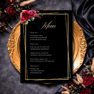 Elegant floral red black moody Romantic wedding Menu