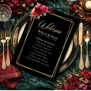 Elegant floral red black moody Romantic wedding Programme