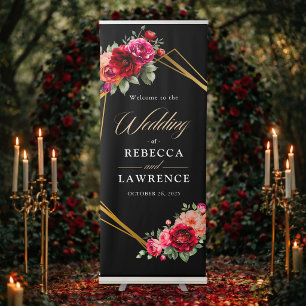 Elegant floral red black moody Romantic wedding Retractable Banner