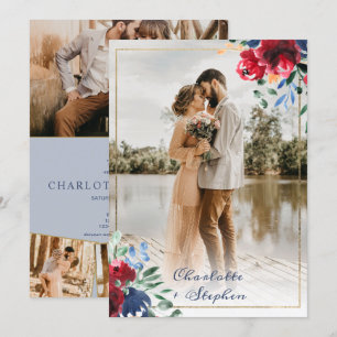 Elegant floral red blue script 5 photos wedding invitation