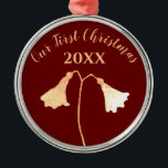 Elegant Floral Red Gold Romantic First Christmas Metal Tree Decoration<br><div class="desc">This elegant and stylish red and gold flower ornament is a classy and romantic memorial to your first Christmas spent together as a couple or married. The twin flower always grows with two blossoms on one stem, inseparable, just like you. Easily personalise this ornament on the panel to the right....</div>