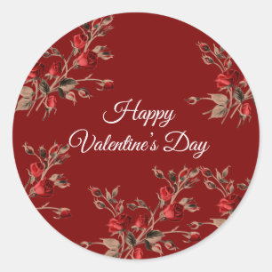 Elegant Floral Red Happy Valentine’s Day  Classic Round Sticker