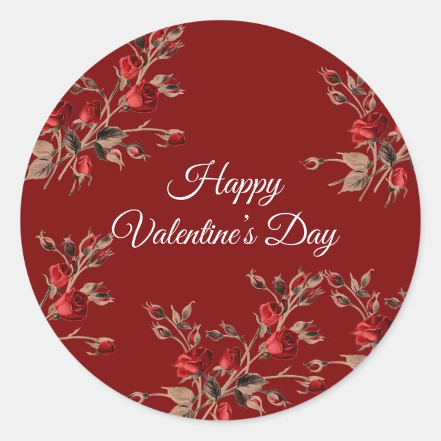 Elegant Floral Red Happy Valentine’s Day  Classic Round Sticker (Front)