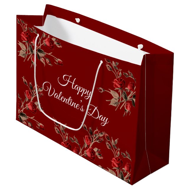 Elegant Floral Red Happy Valentine’s Day  Large Gift Bag (Front Angled)